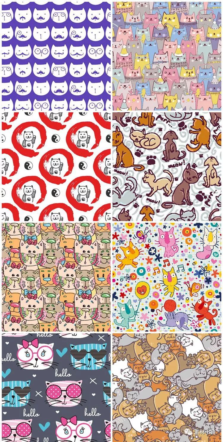 584手绘可爱小猫咪无缝背景布料印花印染包装设计矢量图案素材