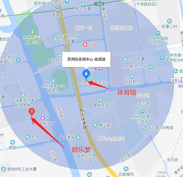 苏州体育中心体育场直线距离643m地址:虎丘区运河路28号狮山永利广场1