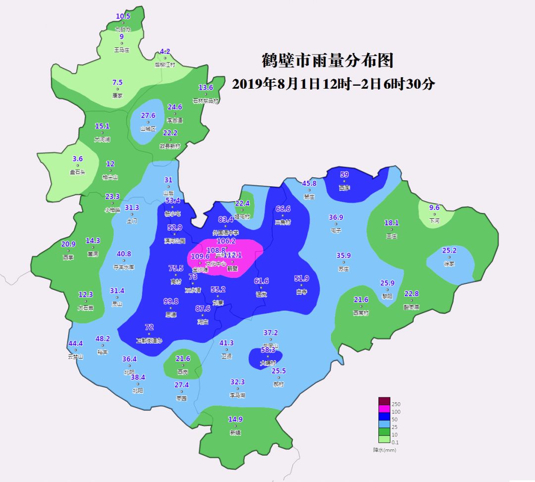 強降水主要集中在我市中部地區,最大雨量站點為淇濱區鶴壁氣象站,達到