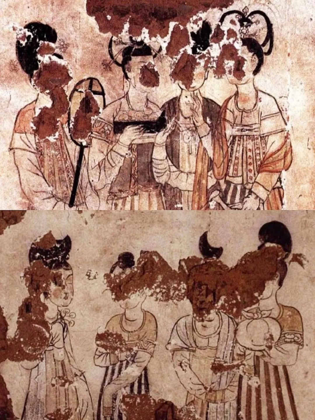 县昭陵陪葬墓燕妃墓壁画,窄袖,帔帛,时尚的条纹裙坦领多搭配窄小细瘦