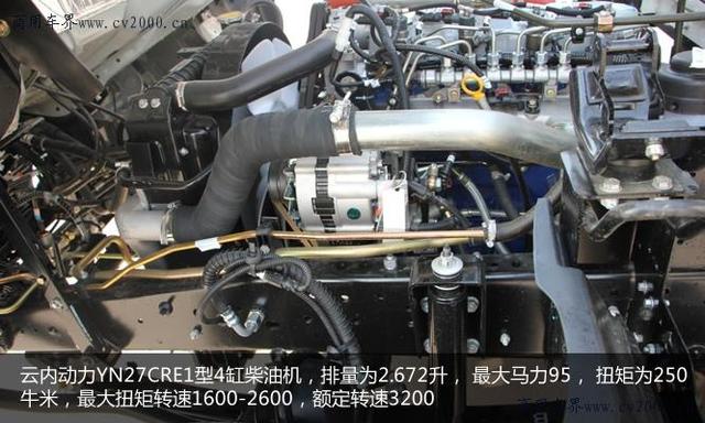 2米轻卡所匹配的发动机为云内动力yn27cre1型4缸柴油机,排量为2.