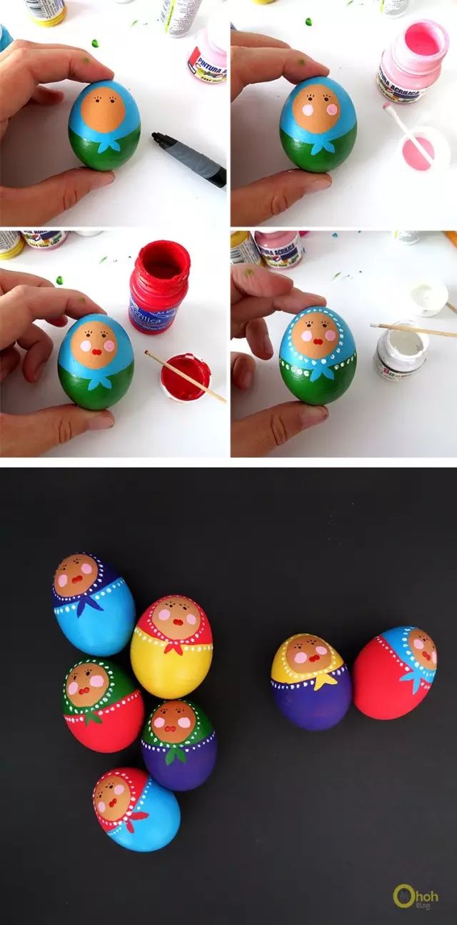 制作步骤:给鸡蛋染上颜色,在鸡蛋上画上卡通形象.