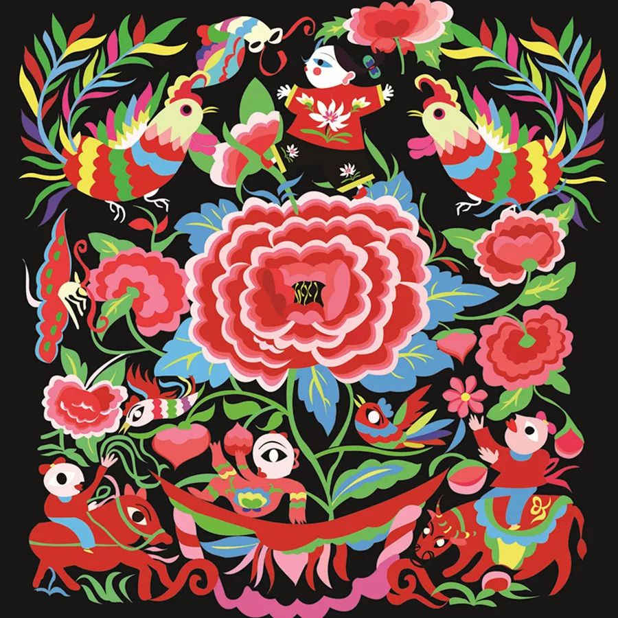 "凤喜牡丹"是神木文旅集团最新研发的文创产品,它汇聚了陕北布堆画