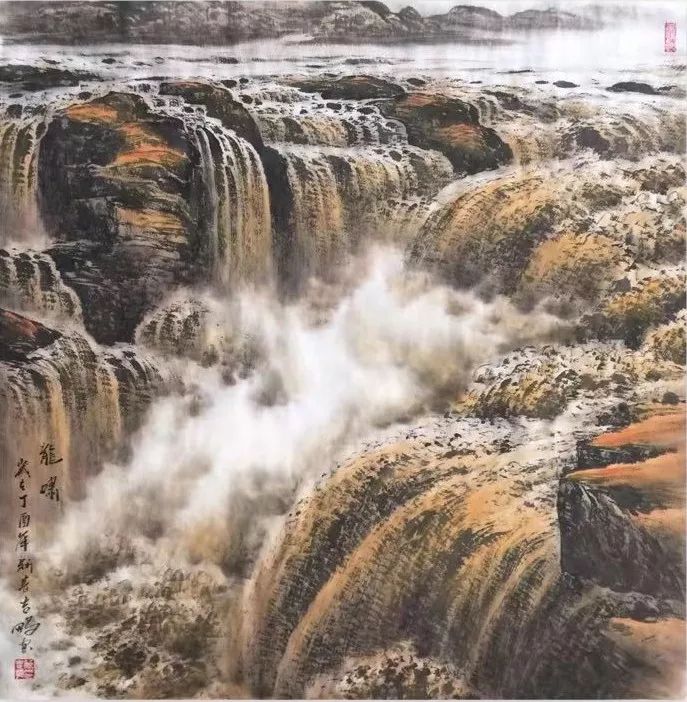 黄河壶口瀑布69x69cm奔腾不息68x69cm笔之皴法,是中国画独有的用笔