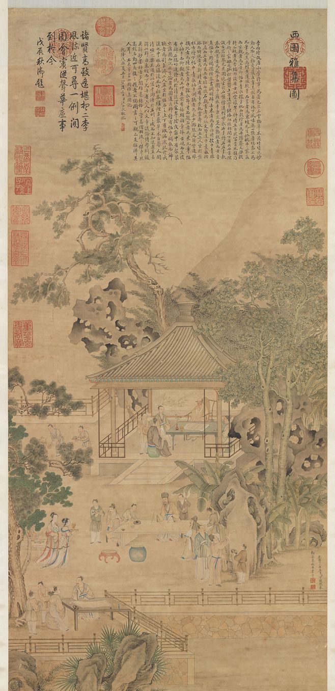 清 摹仇英西园雅集图细部图中出现红釉胆瓶胆瓶,因器型如悬胆而得名.