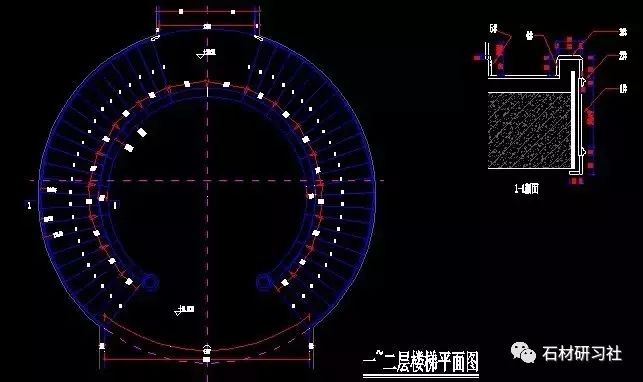 石材旋轉樓梯cad素材的正面與側面平面圖參考