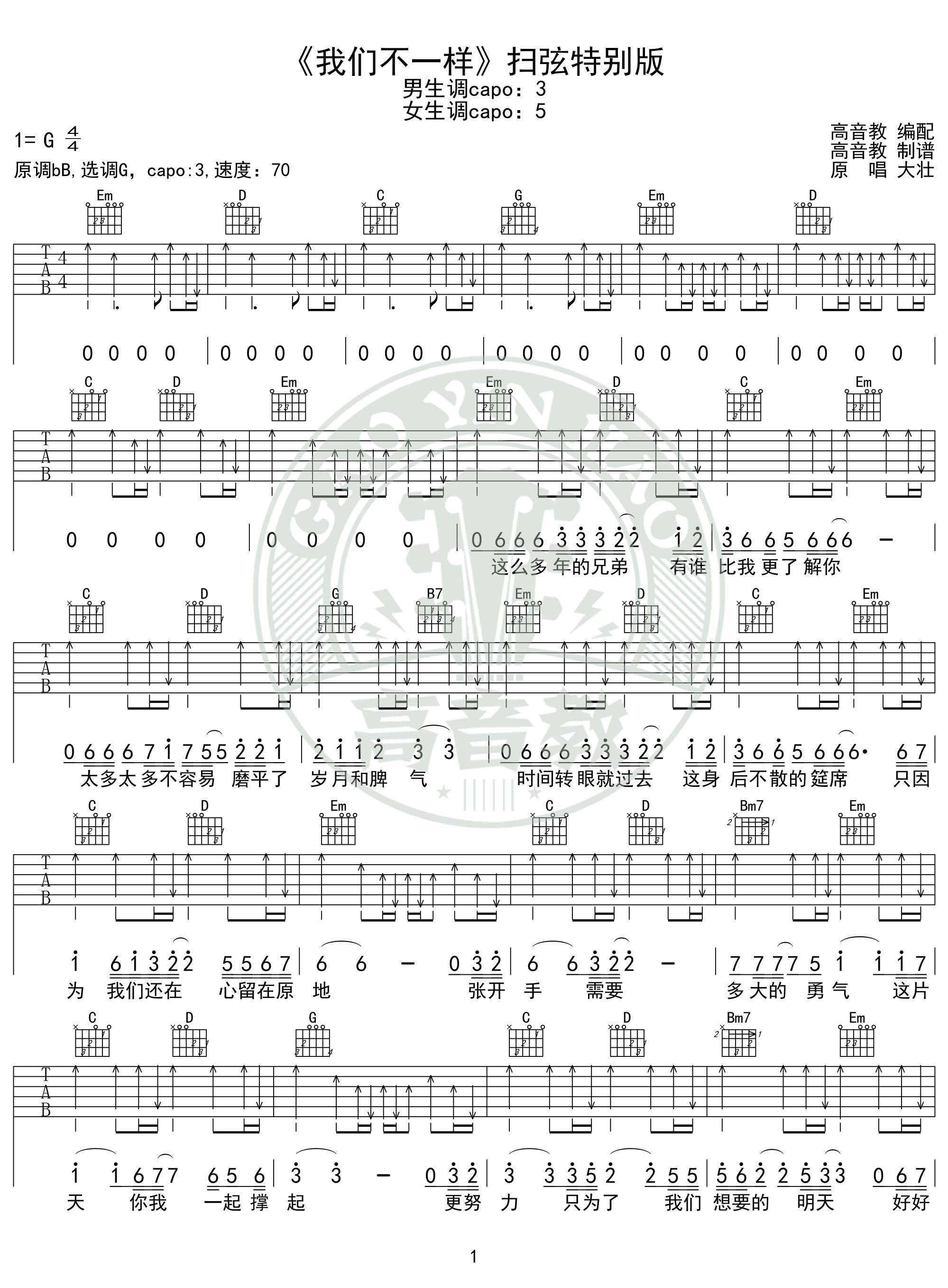 《我们不一样》吉他谱扫弦特别版 高音教编配 猴哥吉他教学