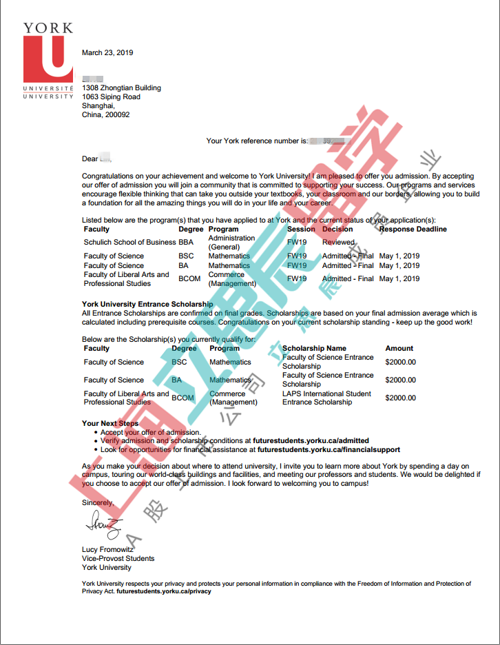 完美文书助力准确定位喜获加拿大约克大学offer