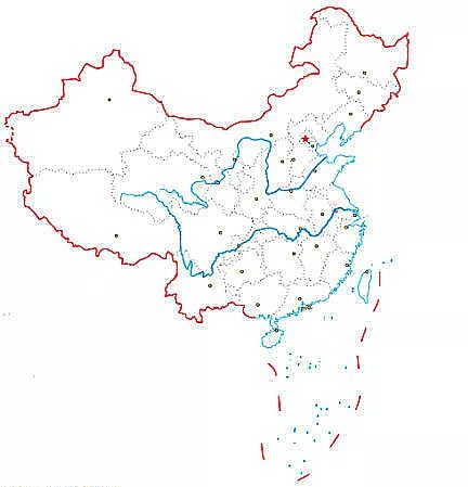 示意地图表示了完整的中国疆域,没有底色,标明了国界,省界,海岸线