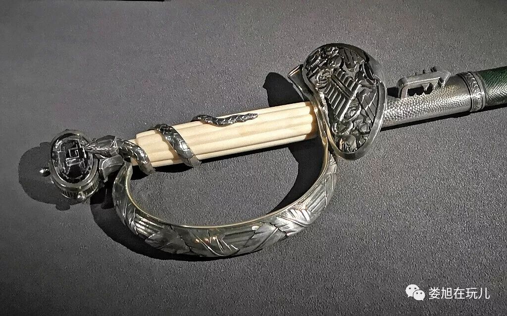 剑柄上面缠绕一条银蛇象征代表医学的墨丘利节杖十字形护手上裝饰花卉