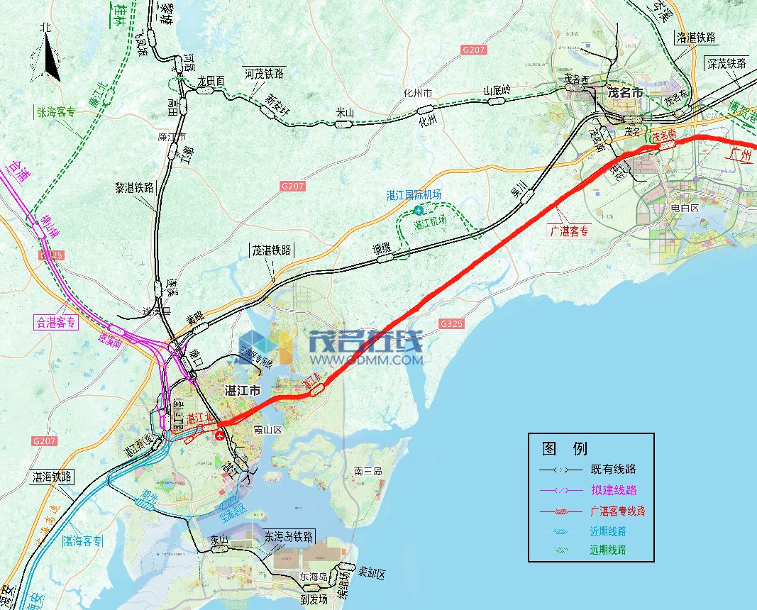 设阳春东站,于阳江市西北侧对坎 坪设阳江北站,经江湛铁路阳西站北侧