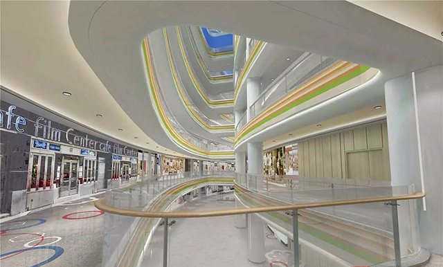 在中庭的设计上,海东假日广场融入了大量的图案元素,石膏板天花以凹凸