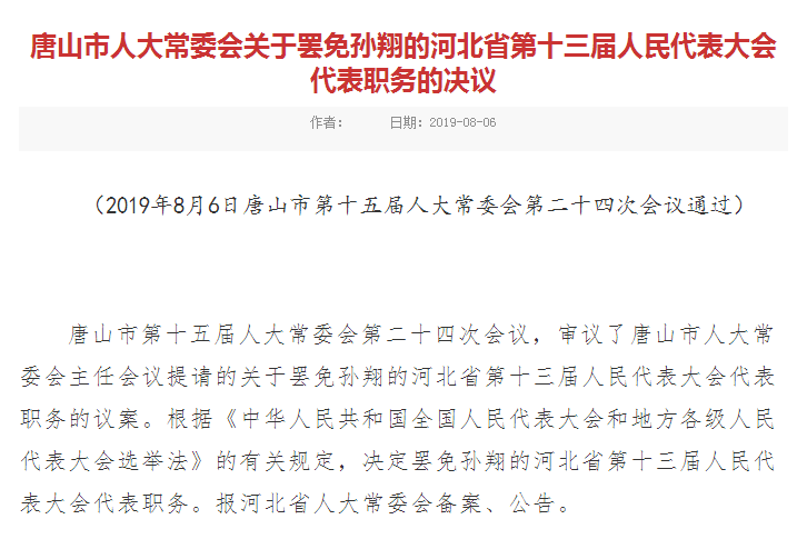 唐山市人大常委会关于罢免孙翔的河北省第十三届人民代表大会代表职务