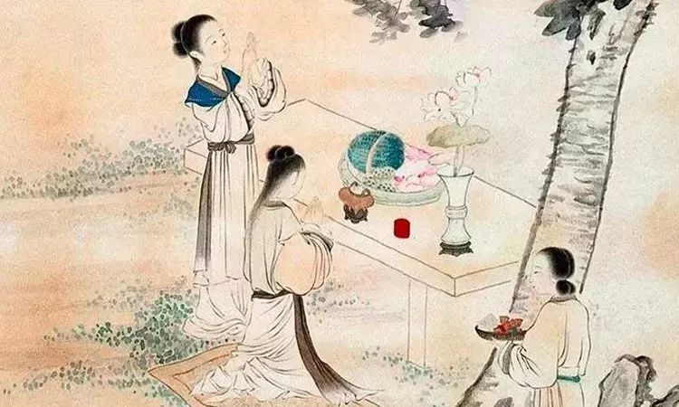 穿针乞巧过去七夕,陈瓜果于庭中乞巧,会捉喜子(蜘蛛)在瓜果盘上结网
