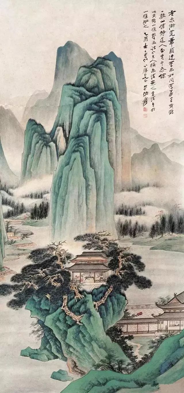 国画丨张大千青绿山水画真消暑