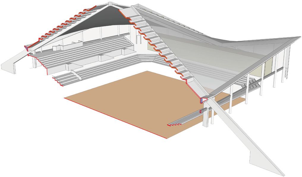 3 m,由四片双曲抛物面钢筋混凝土扭壳结构组成,四片屋面之间设置采光