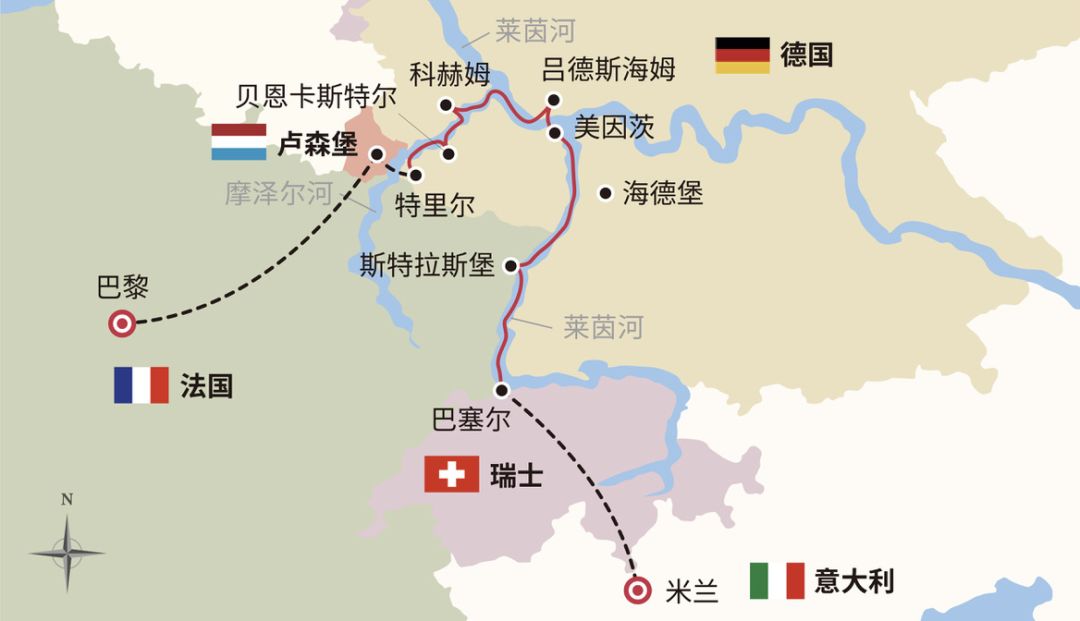 卢森堡, 特里尔, 贝恩卡斯特尔, 科赫姆, 吕德斯海姆, 美因茨, 海德堡