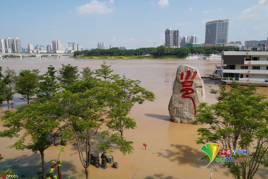 广西南宁城区迎来邕江今年最大洪水部分景观带被淹