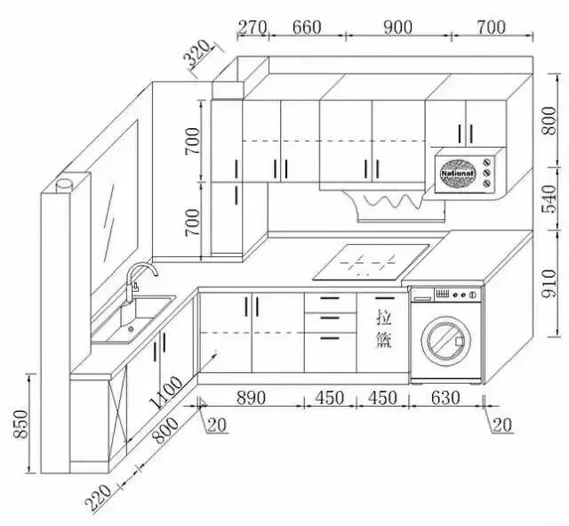 具体的尺寸参考如下:如果你家的厨房足够大,不妨升级为:择菜(台面)