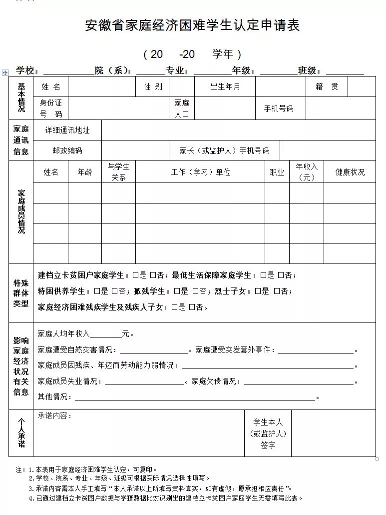 申請材料安徽省家庭經濟困難學生認定申請表