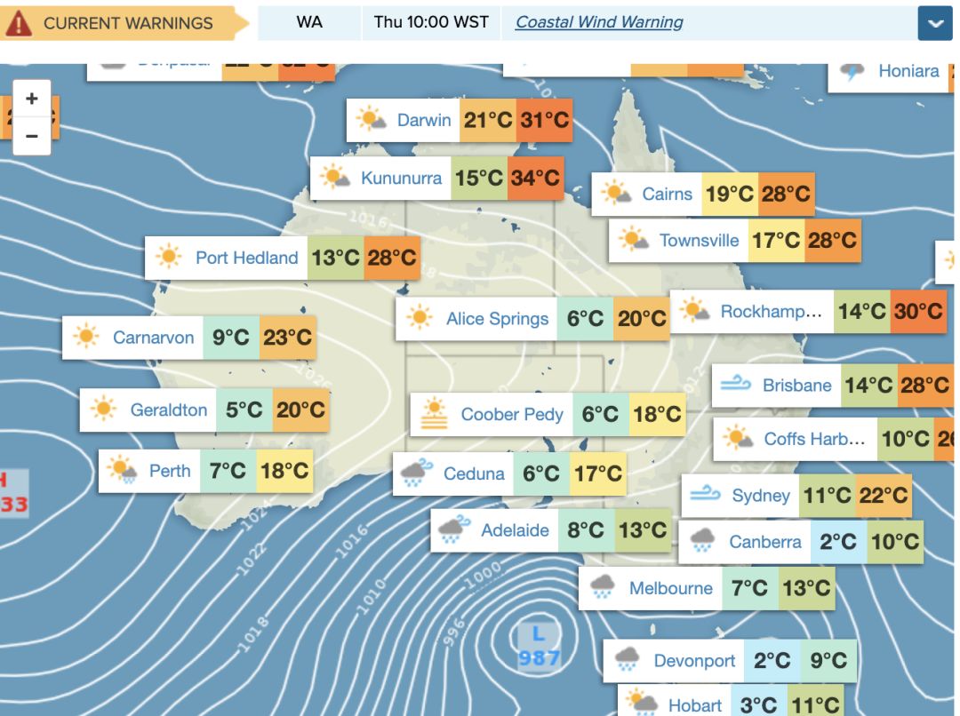 堪培拉和塔斯马尼亚地区的今日最低气温,完胜!