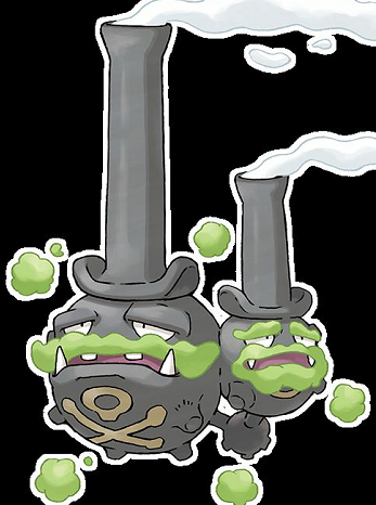 galarian双弹瓦斯的两个头顶上有烟囱,类似长顶帽,而嘴周围的烟雾看