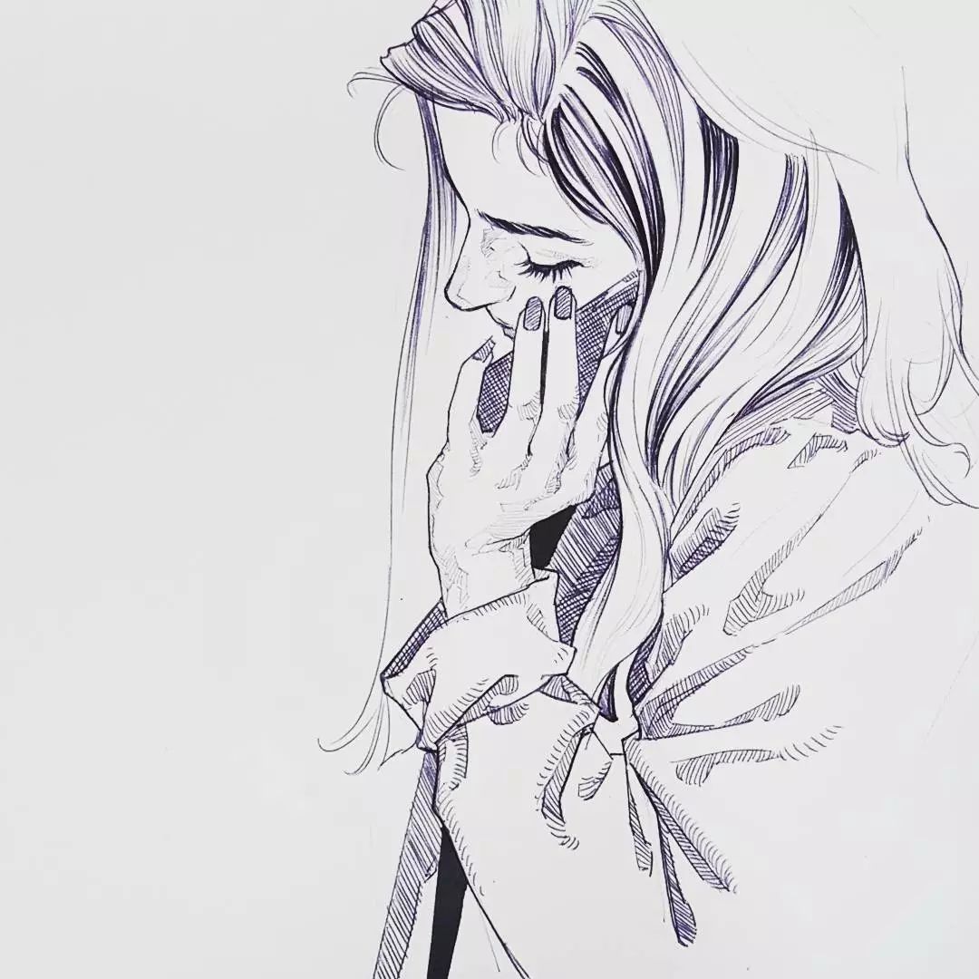 仅靠一支黑色笔画的女生够美男生够帅