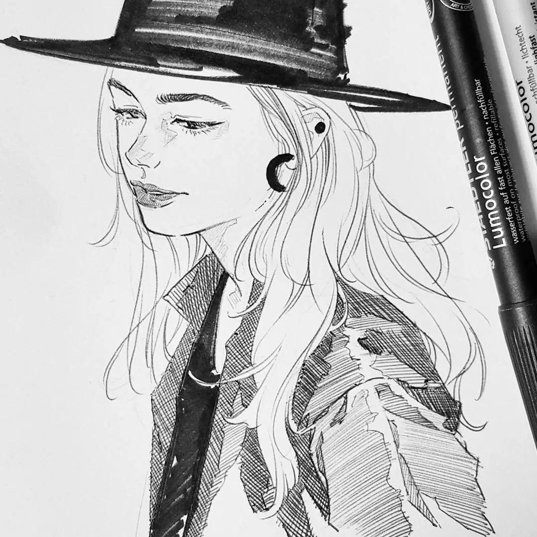 仅靠一支黑色笔画的女生够美男生够帅