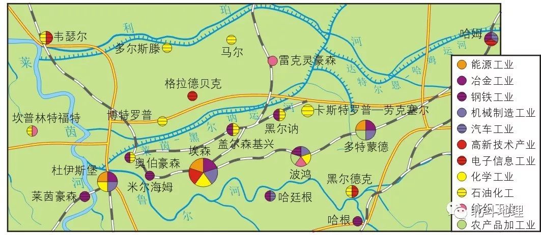 德國魯爾區工業分佈新興工業區新興工業區是20世紀50年代之後,在發達