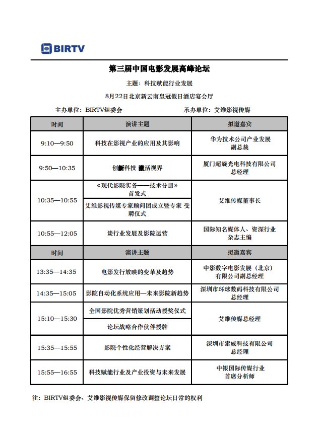 BIRTV2019会议日程：第三届中国电影发展高峰论坛