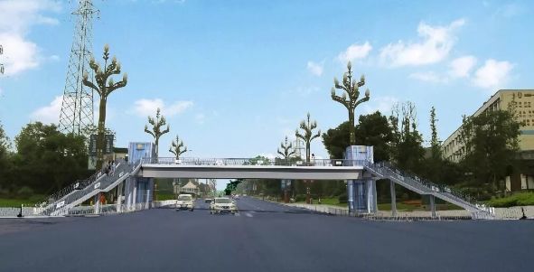 长江中小学校新校区门口:人行过街天桥主桥采用钢箱梁,两侧均设置垂直