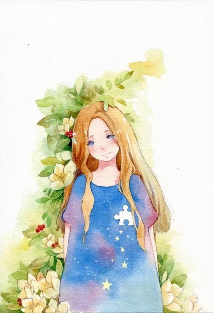 怦然心动从花间走来的少女人物插画水彩欣赏