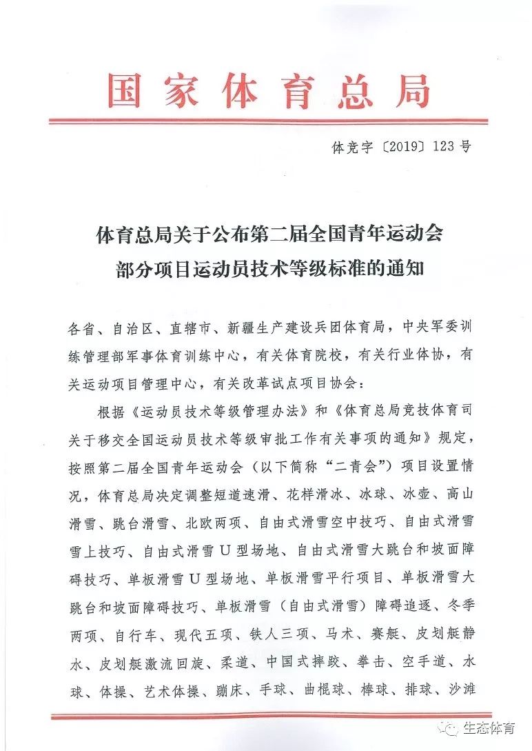 国家体育总局关于公布第二届全国青年运动会部分项目运动员技术等级