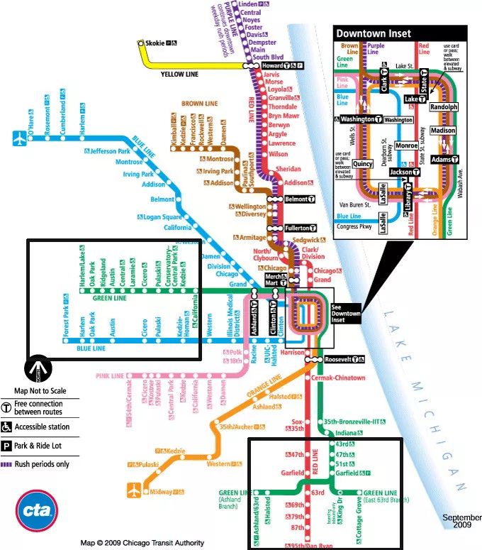 如果在芝加哥乘坐地铁,上图黑色方框标注的绿线,红线,蓝线区域,尽量