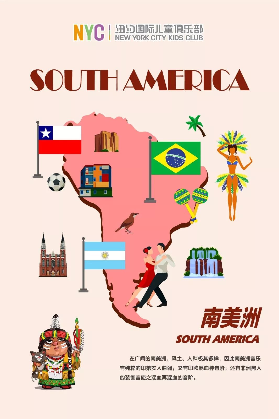 北美洲,南美洲,亚洲,欧洲,非洲,大洋洲6大洲nyc音乐课程涵盖6大洲,4个