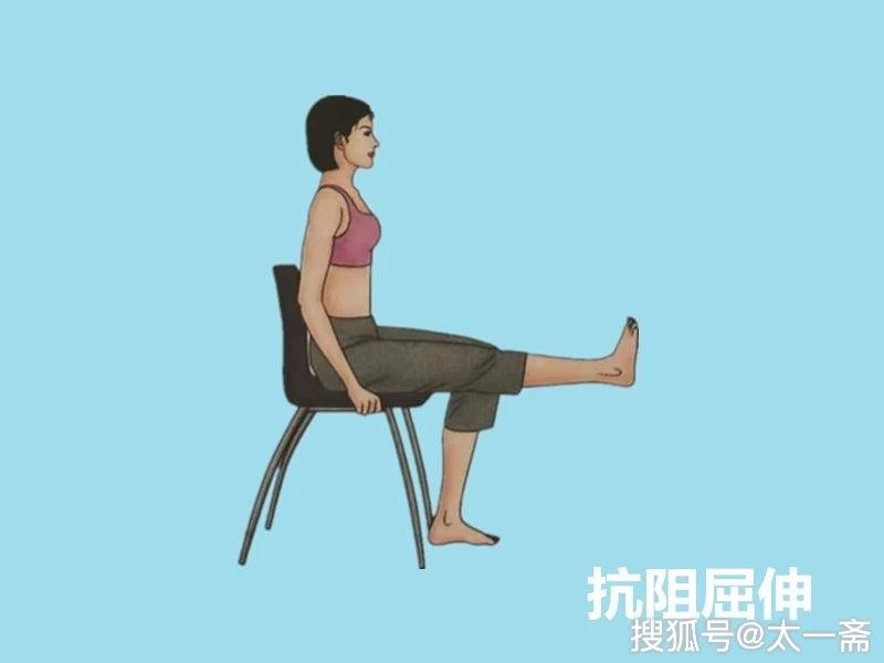膝关节抗阻力屈伸运动坐在椅子上,治疗师将患侧下肢抬起,做摆动动作