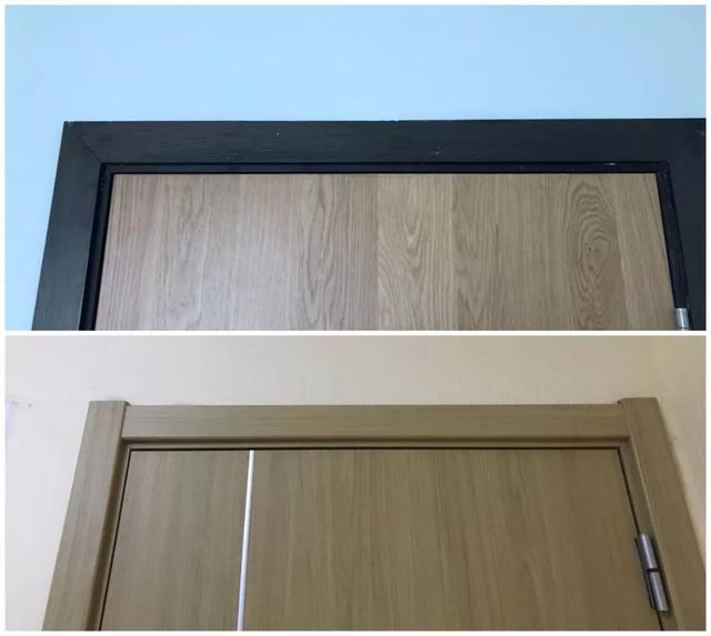 如下图:门套在安装的时候,可以用45°拼角(上)或直角拼接(下)安装