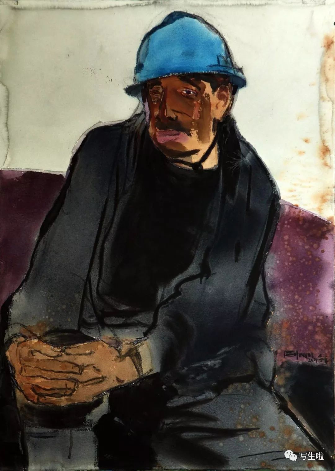 矿工老段105cm×75cm 纸本水彩 2010年锡矿矿工张贵祥和王林冲