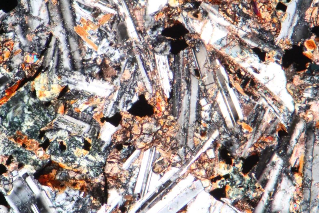 单偏光下,部分矿物有高的凸起,可见黑色矿物.