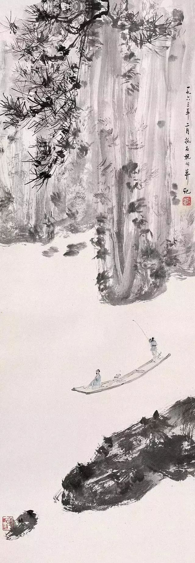 舟行碧波上人在画中游傅抱石泛舟图作品赏析