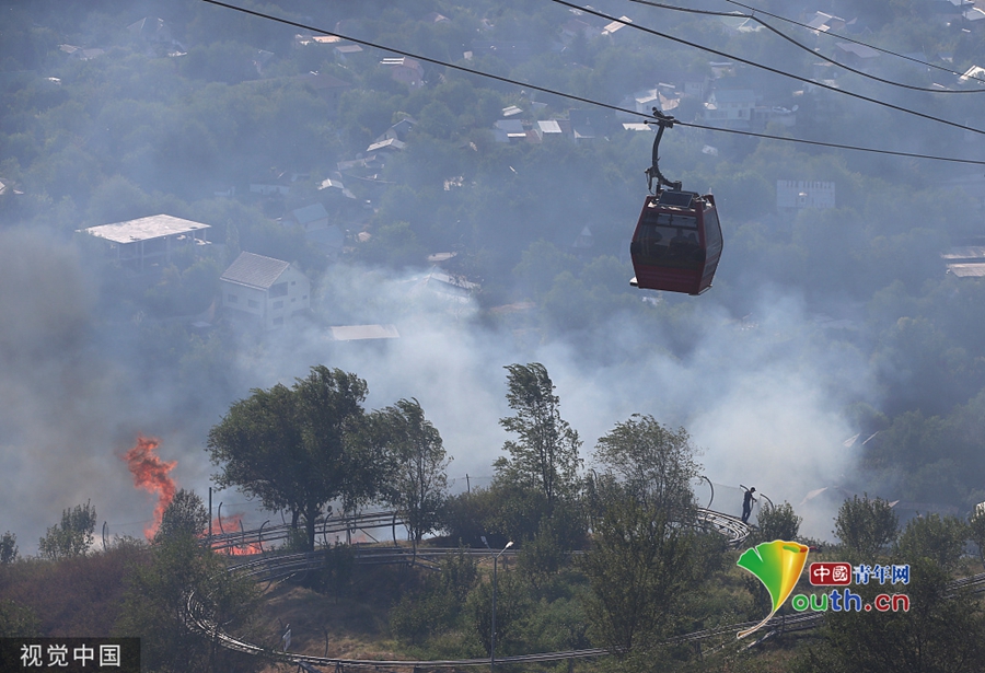 哈萨克斯坦发生森林火灾 缆车仍在火场上空运行