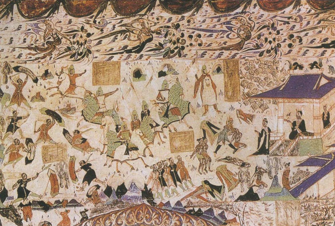 描绘的是场景:2-强盗战败被俘,被剥去衣服(几件衣服扔在地上);国王坐