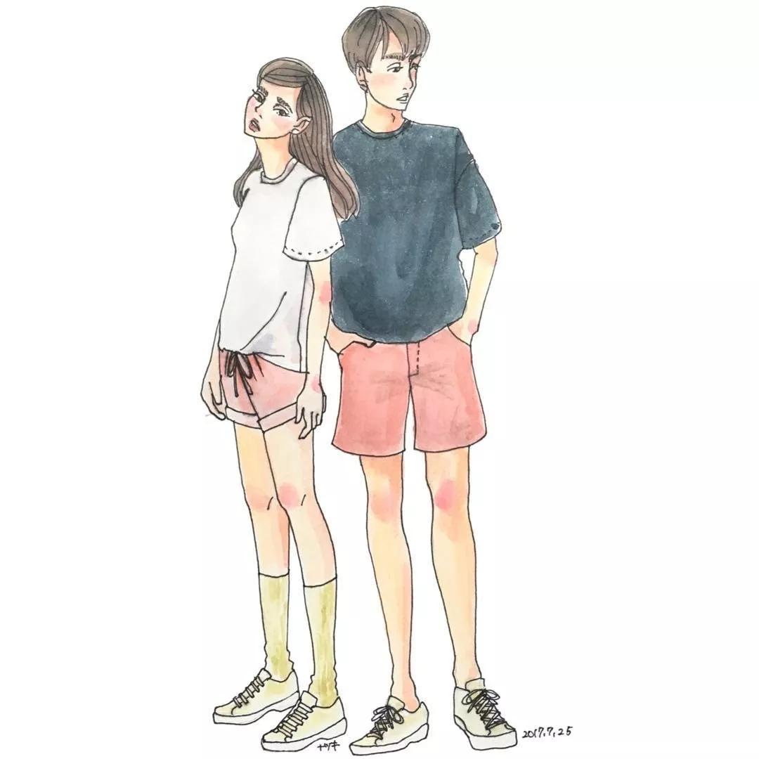 日本插画师natsuki以独特的手绘风画出日本女生的时尚穿搭和男女甜蜜