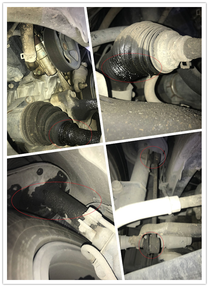 首先让我们从悬挂开始检测,能发现车辆的两个前半轴防尘套有漏油现象
