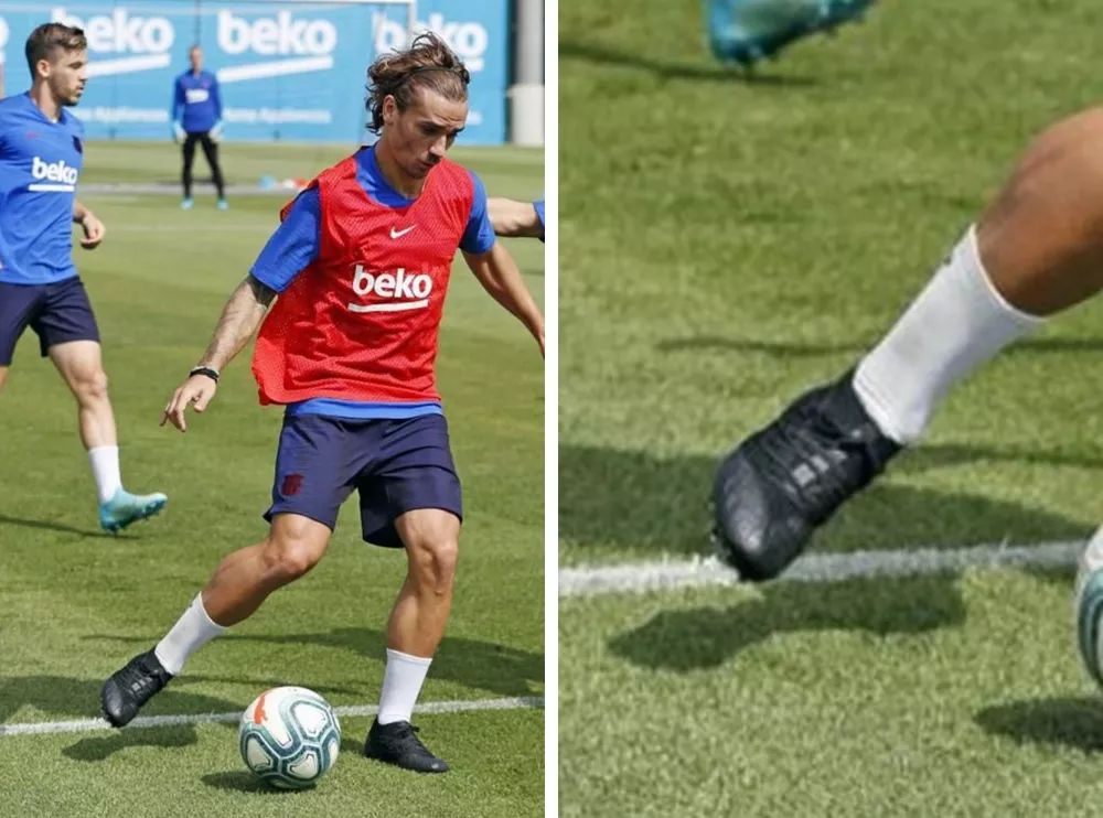 格列兹曼与苏亚雷斯训练中上脚小黑鞋