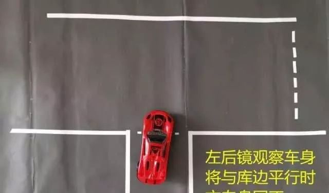 持續倒車,車輛倒入庫中,觀察左右後視鏡,待到車身與庫邊線平行時,回正