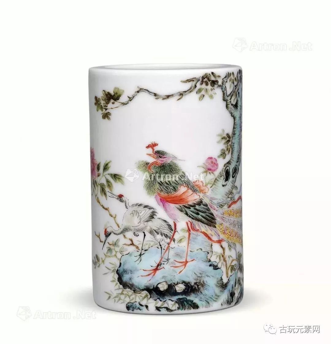 lot号:1094民国 刘仲卿粉彩花鸟一路富贵笔筒尺寸:高11.
