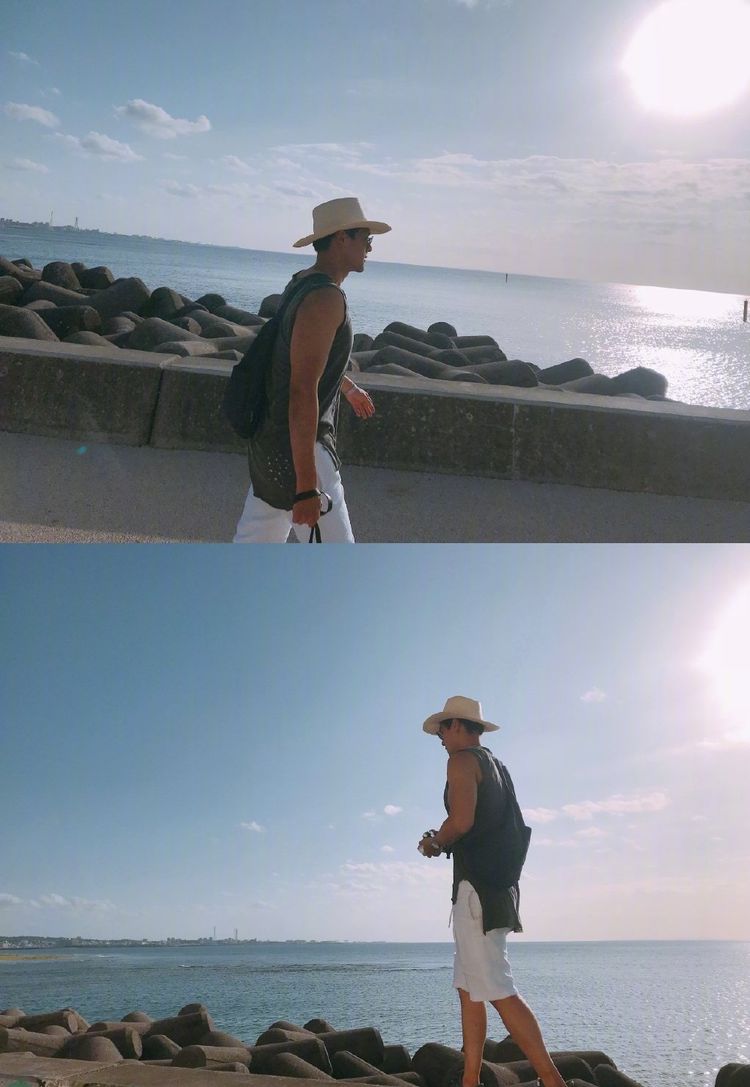 在这张出游照中,37岁彭于晏身穿灰色背心搭配白色短裤,"不对称"的设计