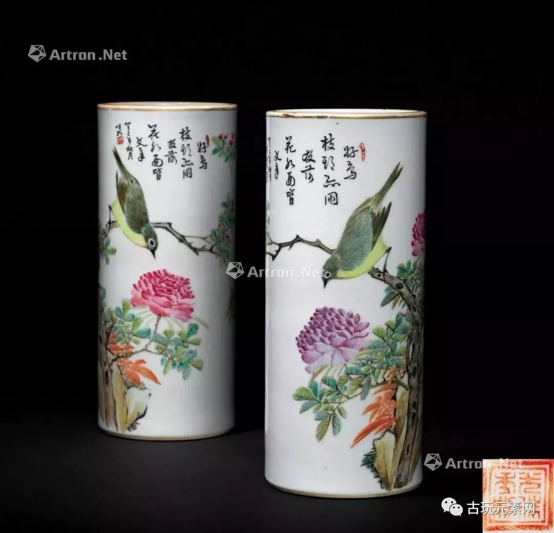 3cmlot号:1007清 喻春浅绛彩花鸟人物四方帽筒 (一对)落槌价:rmb 70