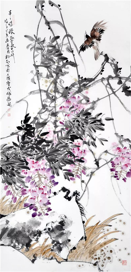 68×136cm 纸本水墨《秋韵》68×34cm 纸本水墨《紫阳春晖》68×34